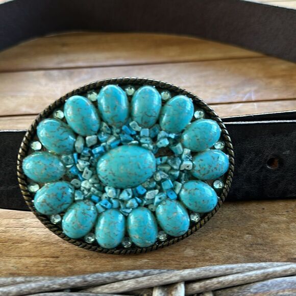 Black & Brown London Turquoise Big Buckle Leather Belt M - Picture 1 of 6